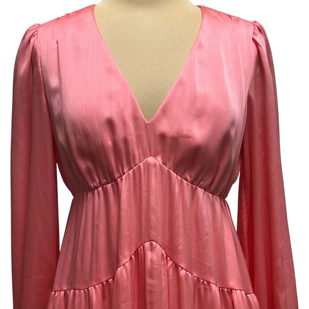 Trina Turk Make Merry Dress Pink Satin Tiered Long Sleeve V-Neck Mini NWT Size L - Picture 3 of 11
